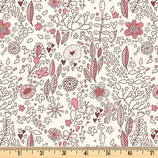 Tonal pink leaves, flowers and butterflies on ecru 100% cotton fabric.  Bird Song Field Book Rose 