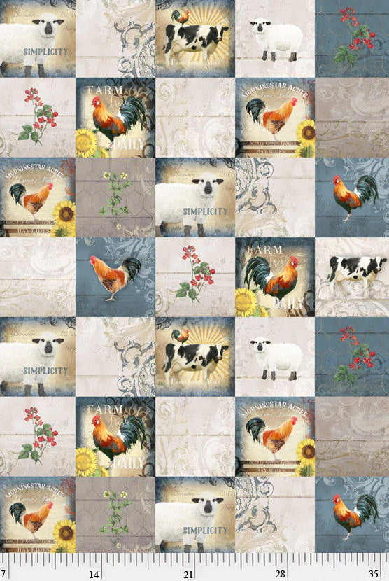 Farm animals in 6 inch squares in 23 by 43 inch fabric panel.  Farm Fresh Animal Squares Fabric Panel.