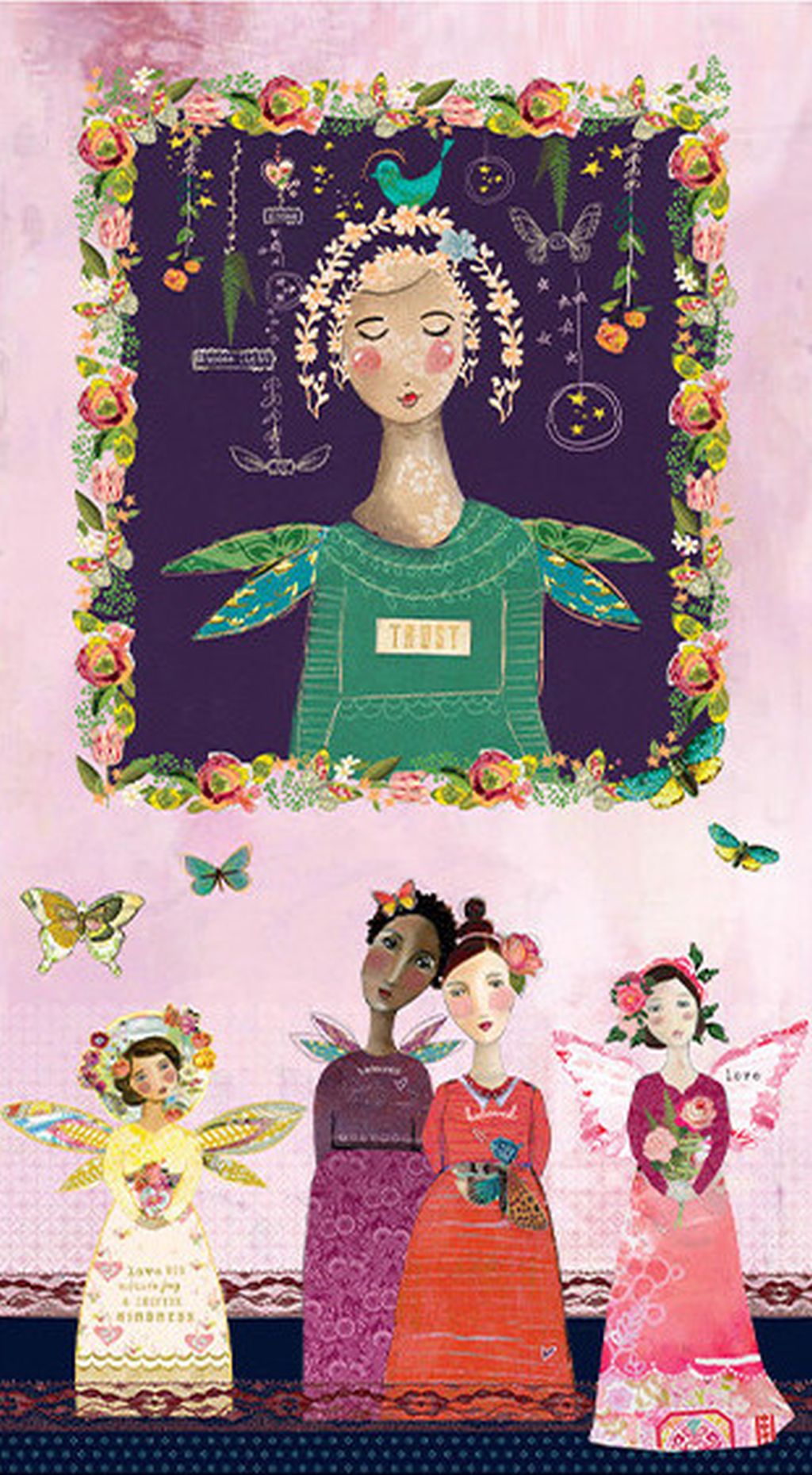 Panel with a large framed girl and angels below on pink 100% cotton fabric 23" x 43".  Inspired Heart Panel Rose Multi 
