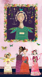 Panel with a large framed girl and angels below on pink 100% cotton fabric 23" x 43".  Inspired Heart Panel Rose Multi 