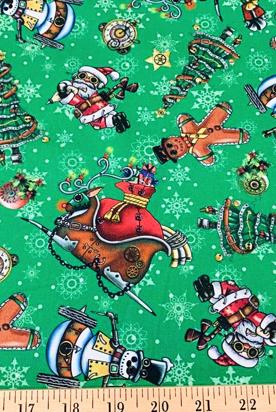 Steampunk sleds, gingerbread men, trees and santa tossed on green cotton fabric.  It's A Steampunk Christmas 