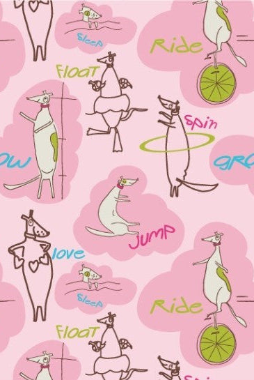 Dogs riding on unicycle and jumping and playing with hula hoop on pink 100% cotton fabric.  Jump, Ride, Spin Pink Dogs 