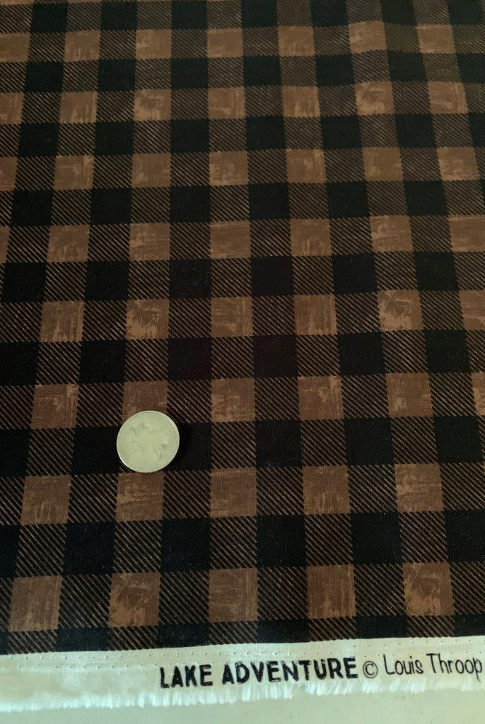 Tonal dark brown checkerboard plaid on cotton fabric.  Lake Adventure Buffalo Plaid Brown.