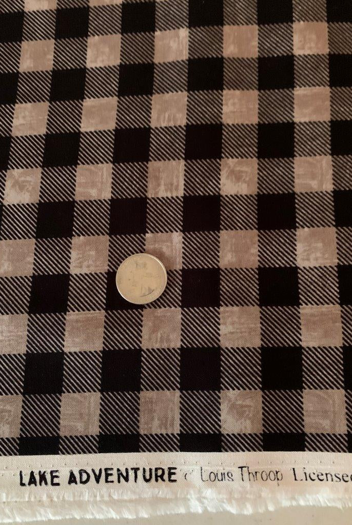 Tonal light brown checkerboard plaid on cotton fabric.  Lake Adventure Buffalo Plaid Taupe.