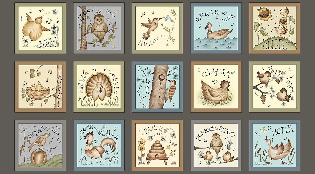 Fifteen seven inch squares with birds, bees, ducks and owls in a 24 inch panel.  Nature's Choir Multi Choir Members Panel.