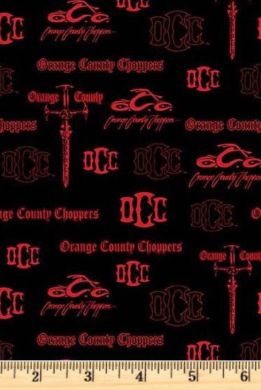 Orange logos of Orange County Choppers on black cotton fabric