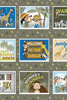 Fifteen 7 by 6 boxes with all things jungle safari in 23 by 43 inch panel. Safari Adventure Safari Boxes Panel Dark Olive.