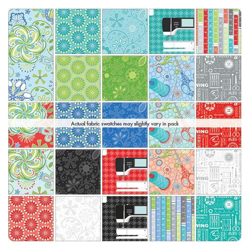 Precut 5 inch squares of the Sewing Room 2 fabric collection by Benartex.