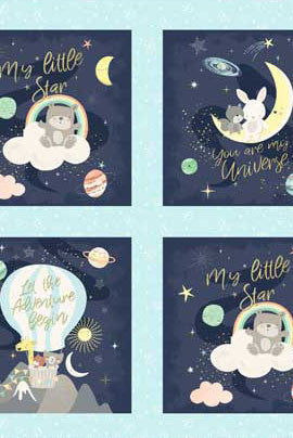 Blocks with hot air balloons, clouds and moons in navy on a panel 23 by 43 inches.  Star Bright Block Panel Cream