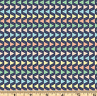 Triangels of yellow, blue, mint and coral in stripes on navy cotton fabric.  Star Bright Triagles Dk Blue