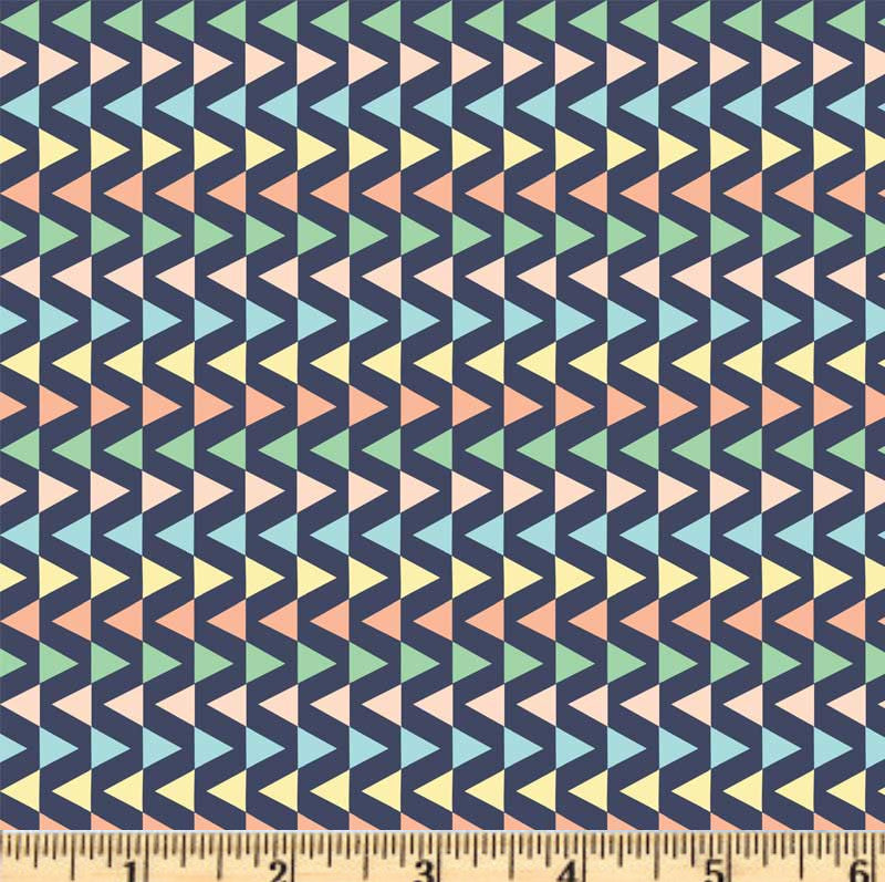 Triangels of yellow, blue, mint and coral in stripes on navy cotton fabric.  Star Bright Triagles Dk Blue