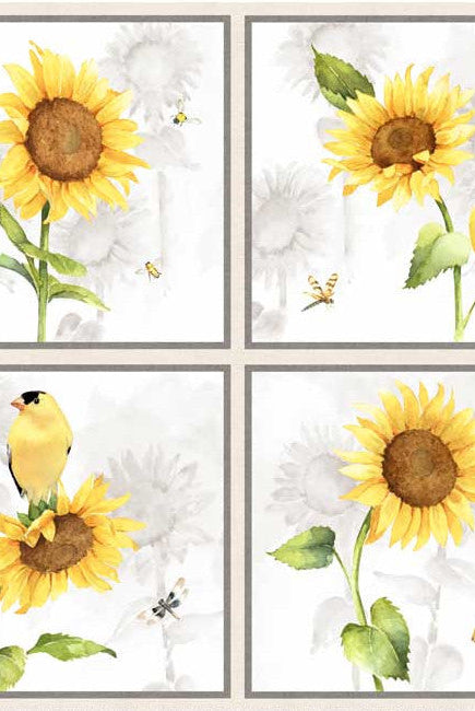 Four large blocks with sunflowers and birds on 23 by 43 inch panel.  Sunflower Field Sunflower Panel