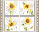 Four large blocks with sunflowers and birds on 23 by 43 inch panel.  Sunflower Field Sunflower Panel