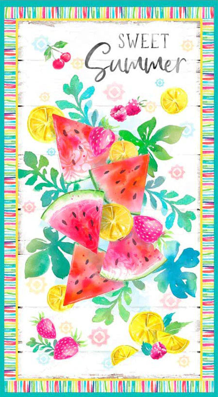 Quilting panel with watermelon slices and fruit.  Panel is 23 by 43 inches.  Sweet and Juicy Sweet Summer Panel 