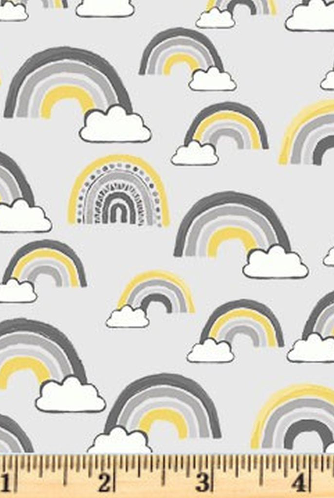 Shades of grey and gold rainbows with clouds on grey cotton fabric.  To the Moon and Back Rainbow Sky Moon