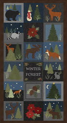 Blocks 7 inch squares with woodland animals in dark greys and dark blues.  Panel is 23 by 43 inches.  Winter Forest Panel. 