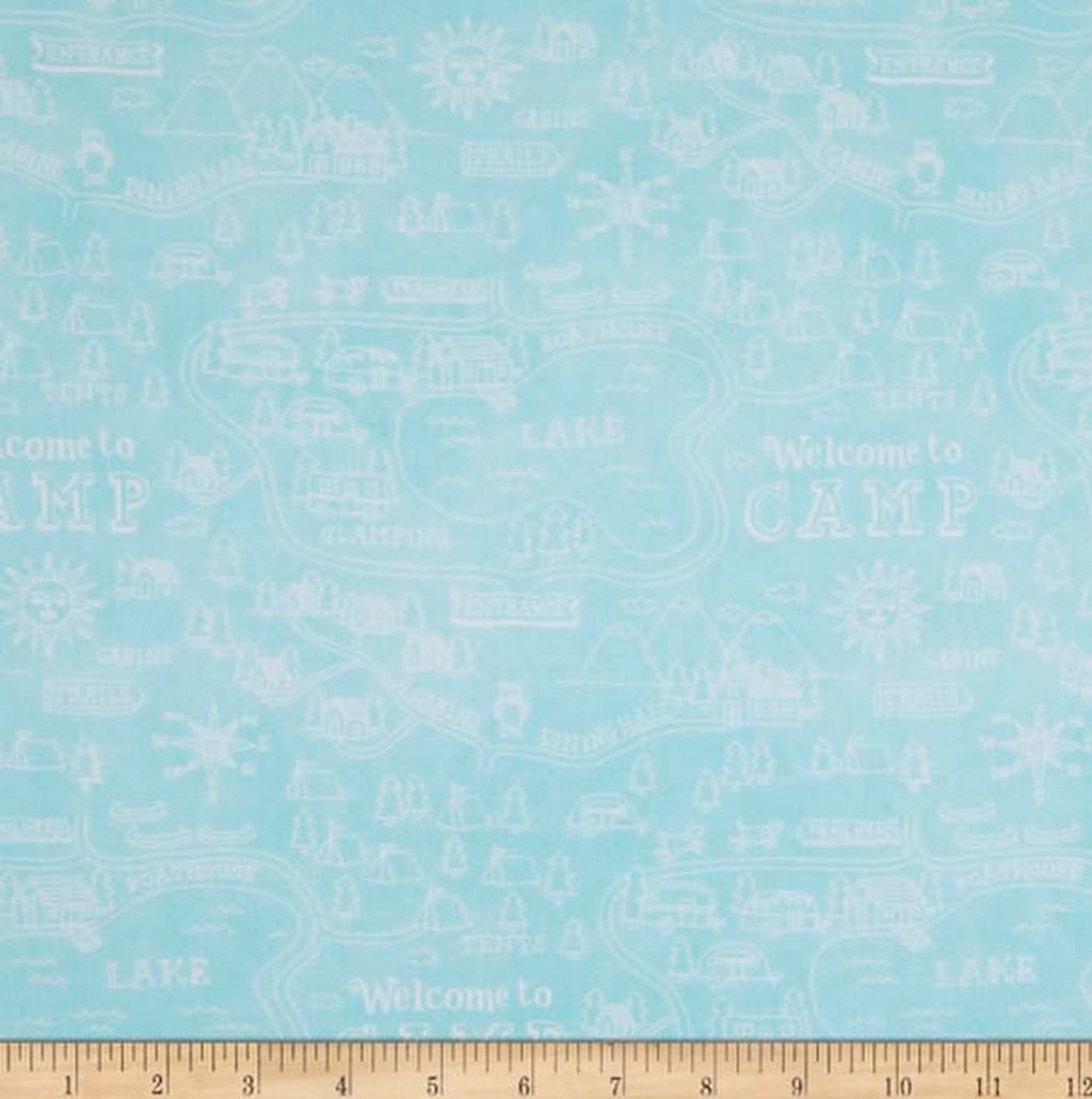 Tonal camping words and map on light blue cotton fabric.  Wanderlust