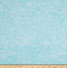 Tonal camping words and map on light blue cotton fabric.  Wanderlust