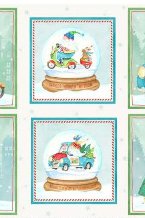 Cute St Nick on vehicles selling treats with 6 blocks on 23 by 43 inch panel.  Wheeling Winter Wonderland Block Panel 