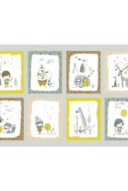 Eight blocks with whimsical animals and kids in winter theme with grey background.  Whimsicals Figurines 24 inch Block Panel