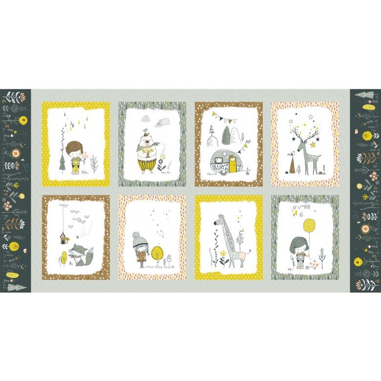 Eight blocks with whimsical animals and kids in winter theme with grey background.  Whimsicals Figurines 24 inch Block Panel