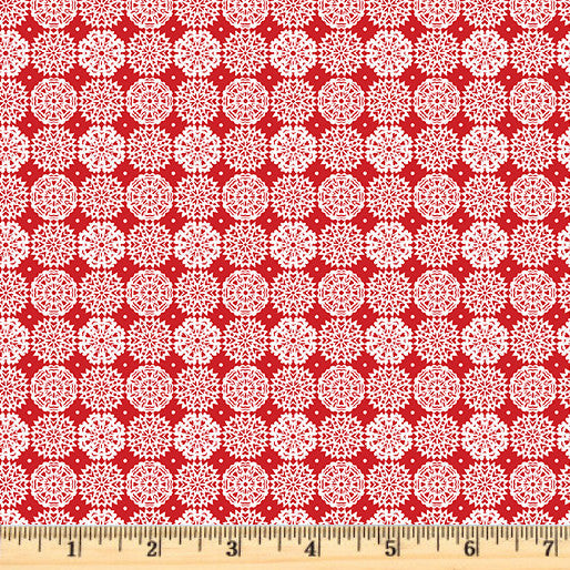 Red and white snowflakes in a medallion shape with pearlescence for a shimmer.  A Cozy Winter Medallion Flakes Red.