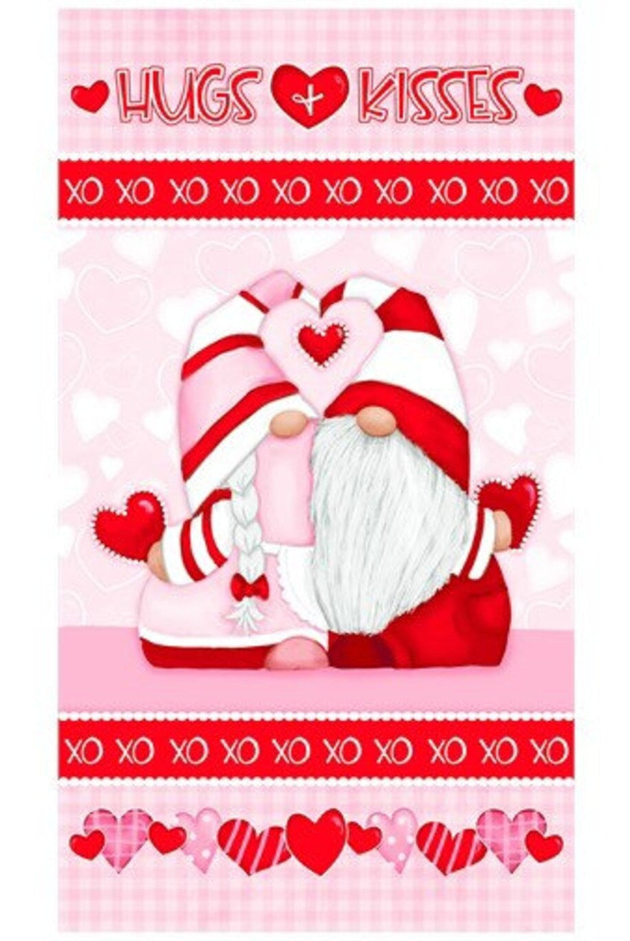 Panel that measures 23 by 43 of two cute valentines day gnomes in red and pink.  Gnomie Love Panel
