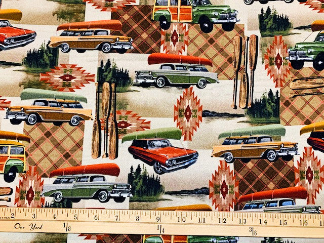 Antique cars and station wagons with canoes on top on cream and brown plaid cotton fabric.  Lodge Life Gone Camping Natural.