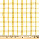 Gold irregular plaid on white cotton fabric.  To the Moon and Back Sweet Plaid Yellow
