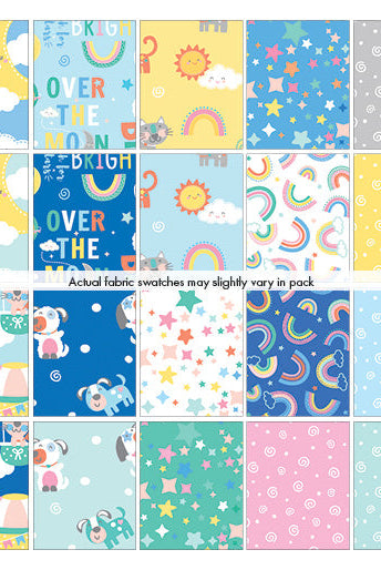Precut fat quarter 20 piece bundle from the Twinkle Flannel line by Benartex.  Prints include rainbows and hot air balloons.